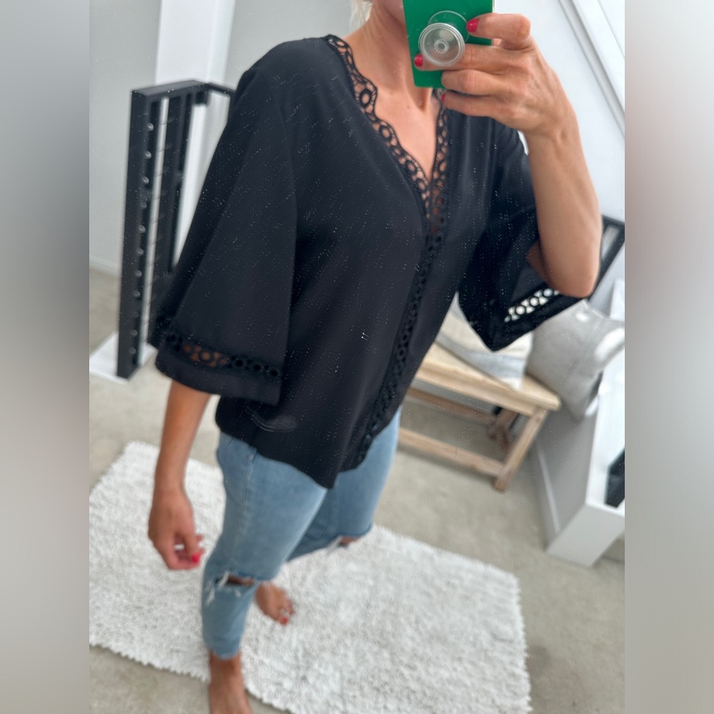 Black Lace Trim Blouse Womens Boho Chic Flowy Top Date Night Casual | Size S - Picture 6 of 13